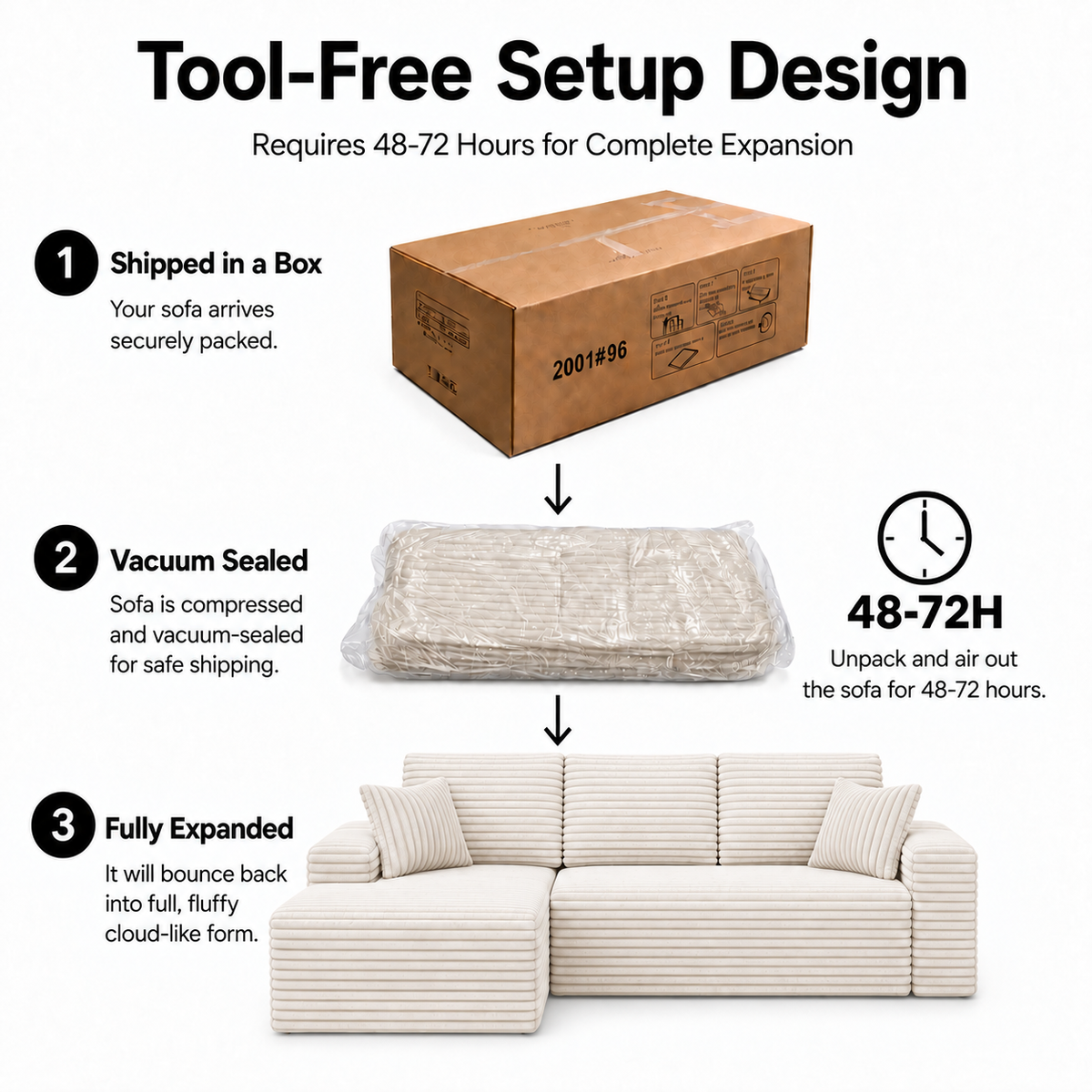 104" Boneless Cloud Sectional Couch with L Shape Chaise, Modern Corduroy Modular Sofa with Deep Seat for Living Room, White